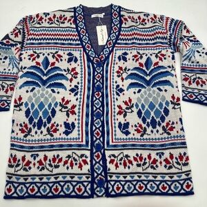 Natural Nga Blue Red Pineapple Intarsia Knit Longline Cardigan Sweater M NWT